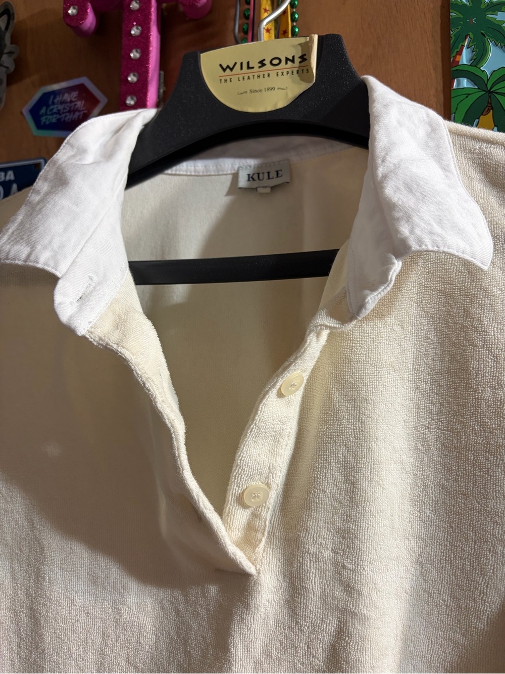 Kule Women’s terry Polo Shirt in Cream with Contrast White Collar - Picture 2 of 6